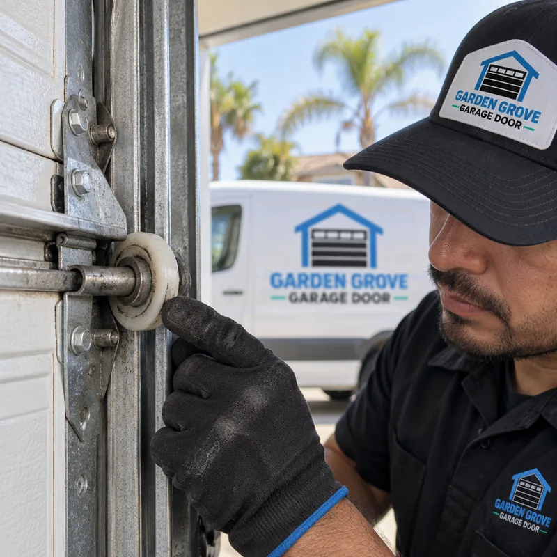 Nylon garage door rollers and hinge points on a sectional door