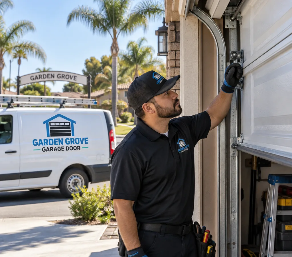 Contractor inspecting the track and rollers of a partially open residential sectional garage door