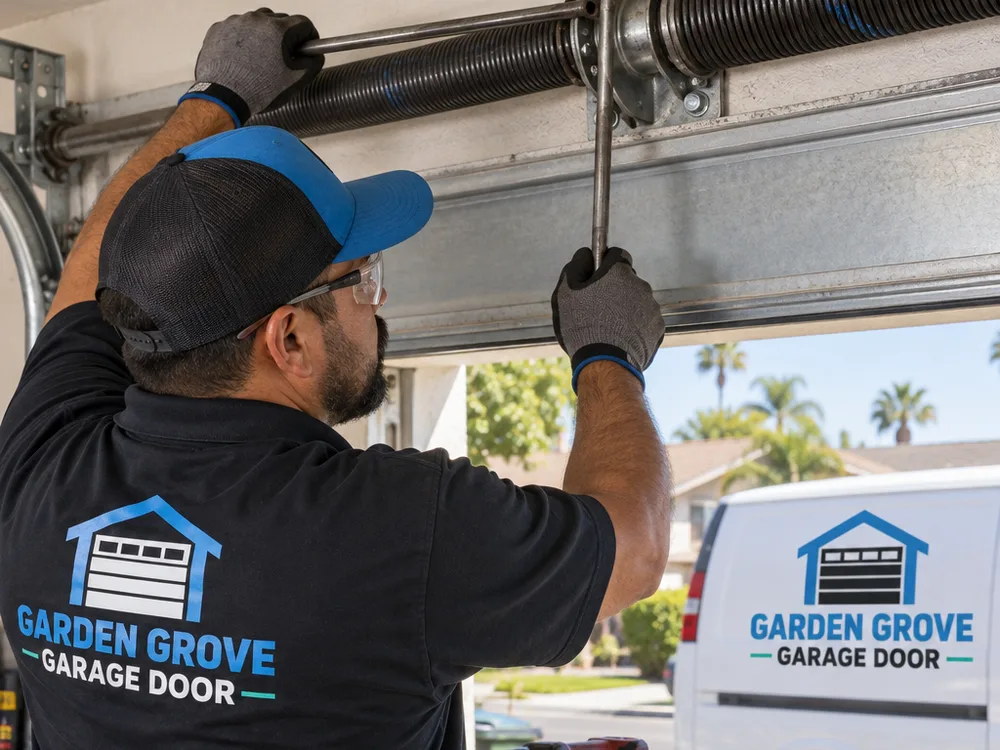 Residential garage door torsion spring and center bearing plate above the door