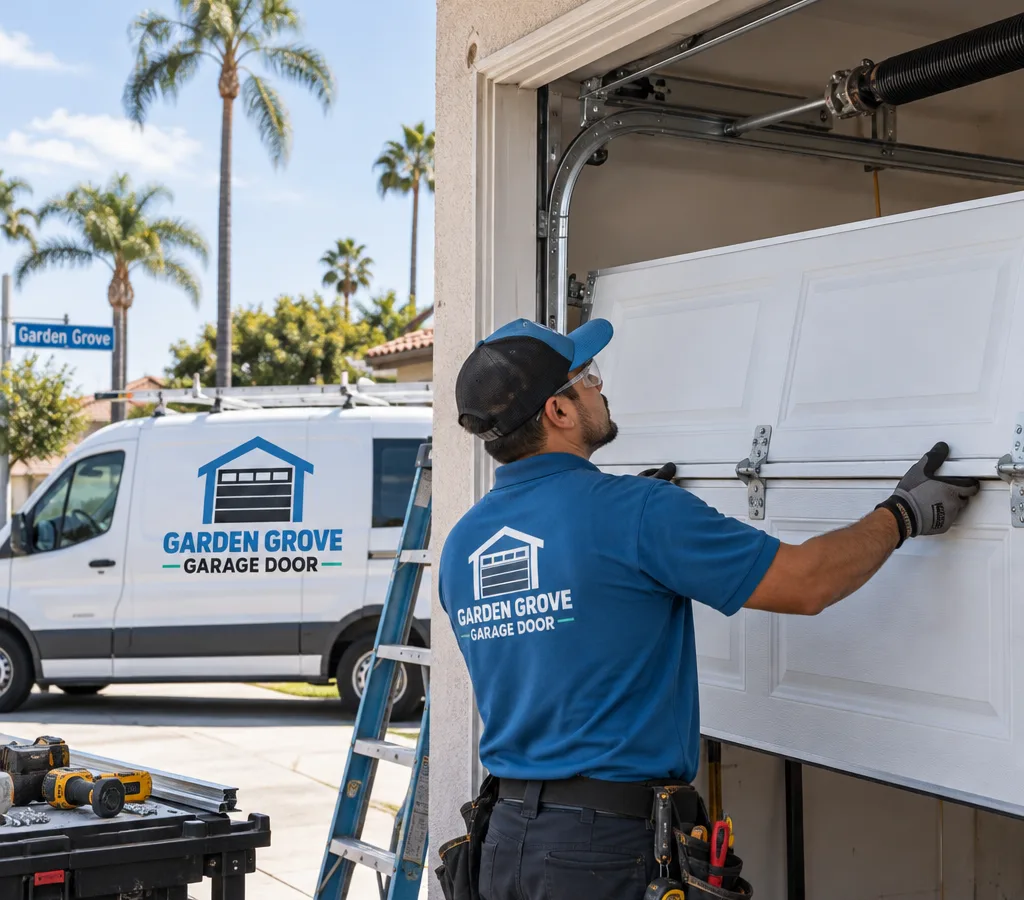 Contractor positioning a new residential sectional overhead garage door with tracks and torsion spring visible