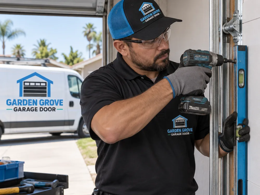 Installer tightening track brackets and checking newly mounted garage door tracks