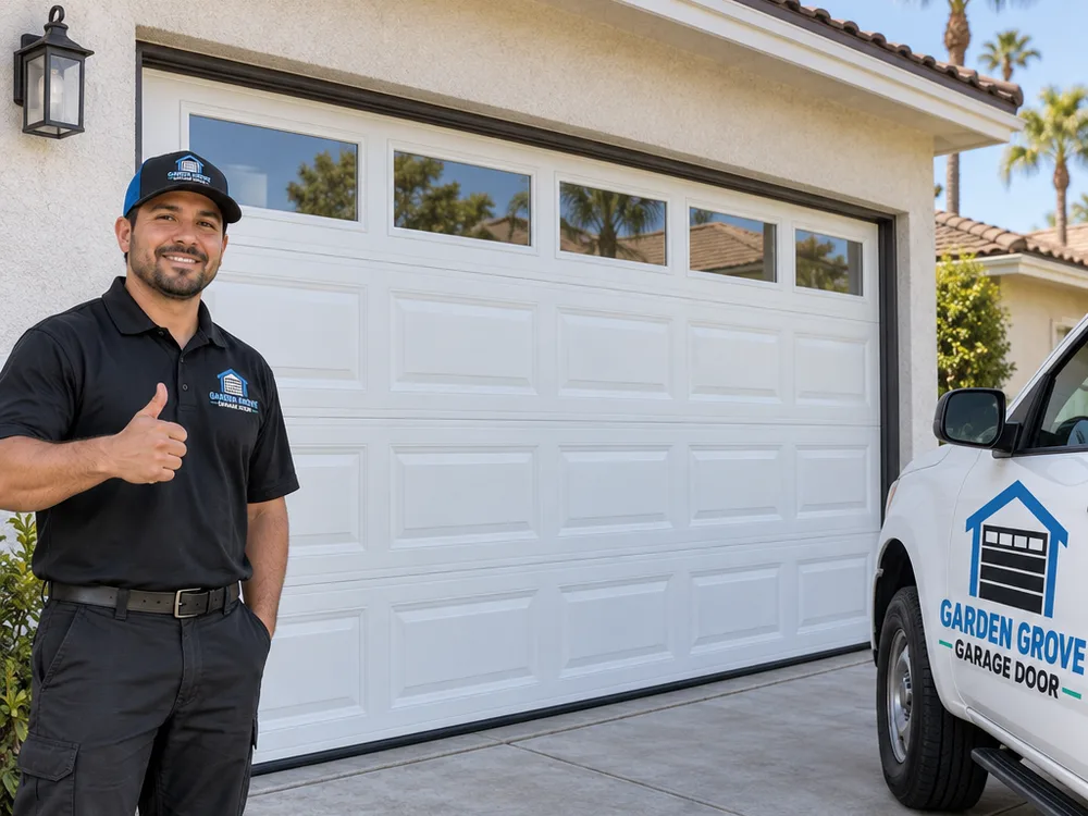 Finished modern raised-panel steel residential garage door on a stucco home