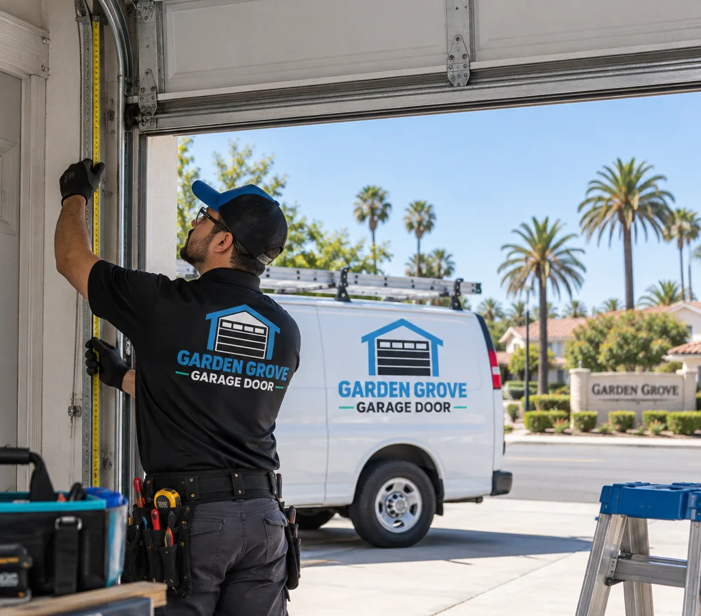 Residential garage with a sectional garage door partially open while an installer measures the opening and checks track alignment
