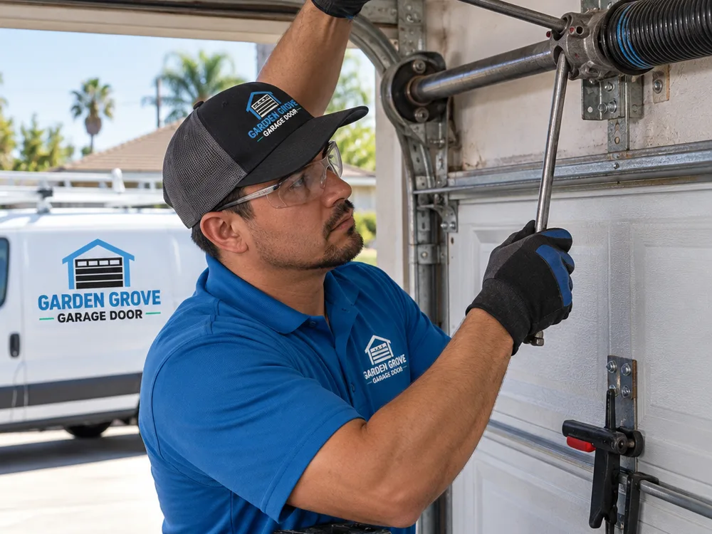 Installer winding residential torsion springs with winding bars while the garage door is clamped in place