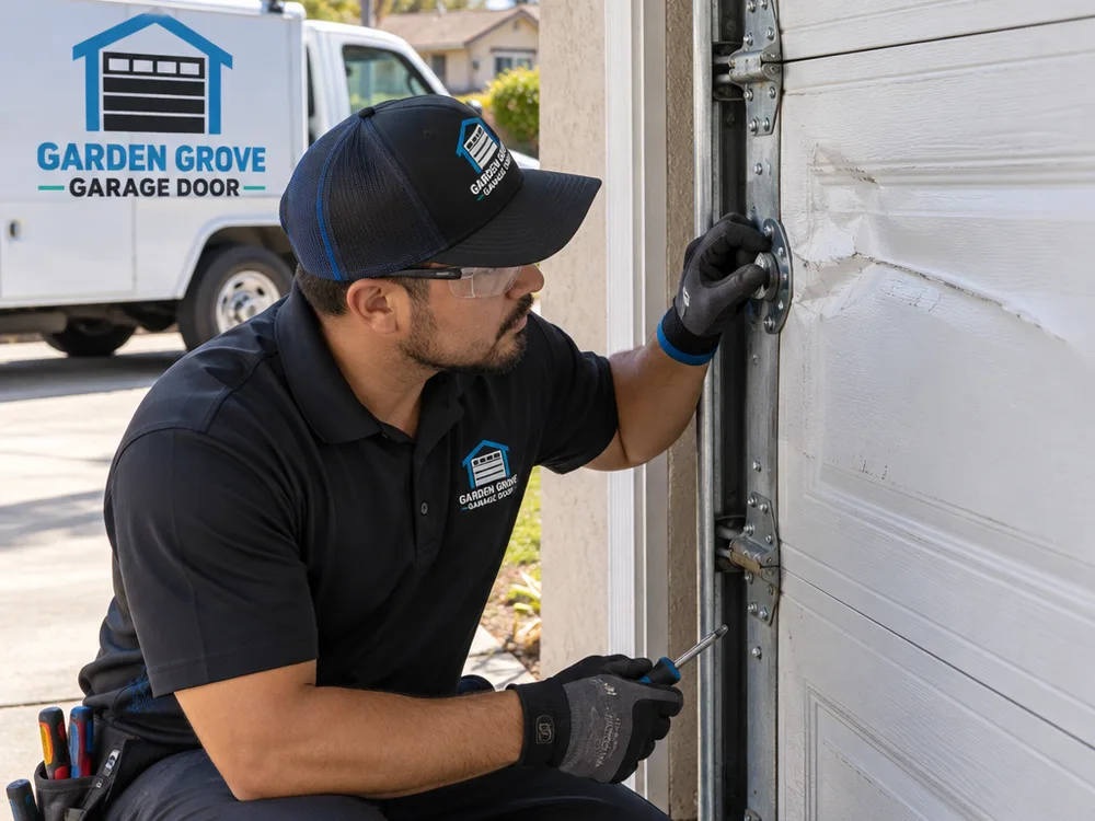 Contractor inspecting crease damage near a sectional garage door hinge while checking fasteners and roller condition