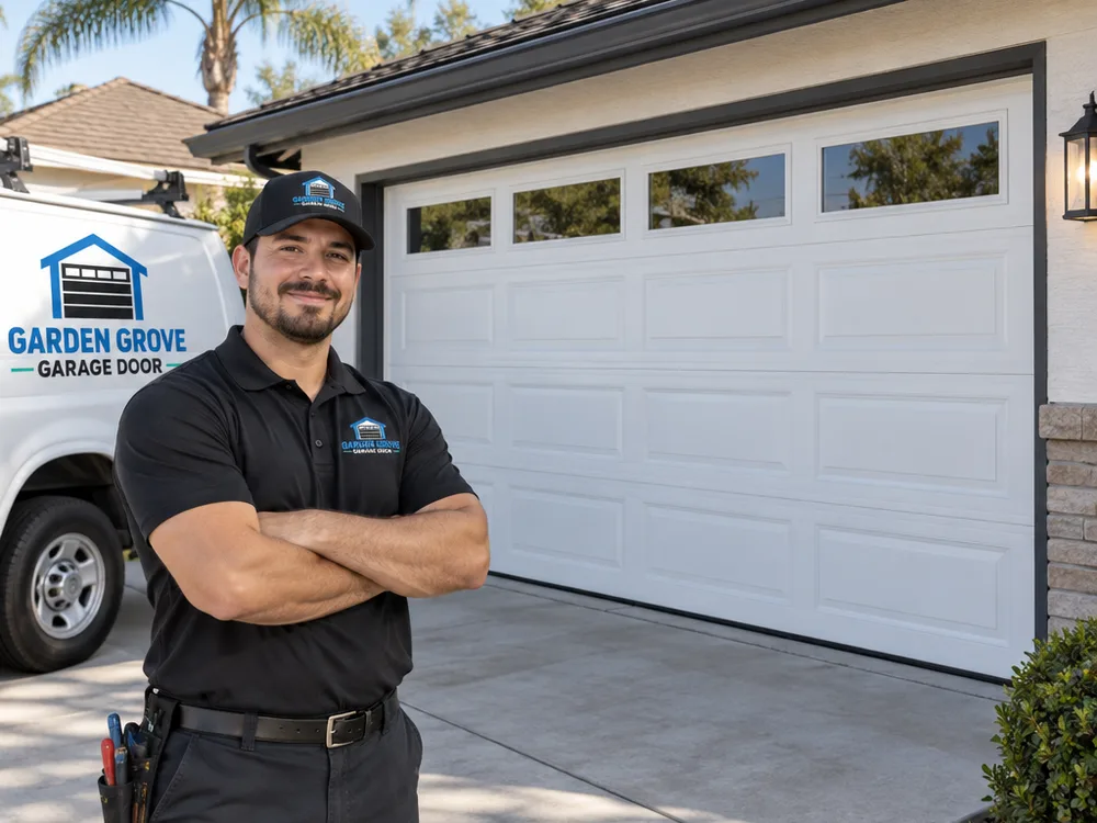 Newly installed insulated steel garage door with even panel gaps and a straight bottom seal