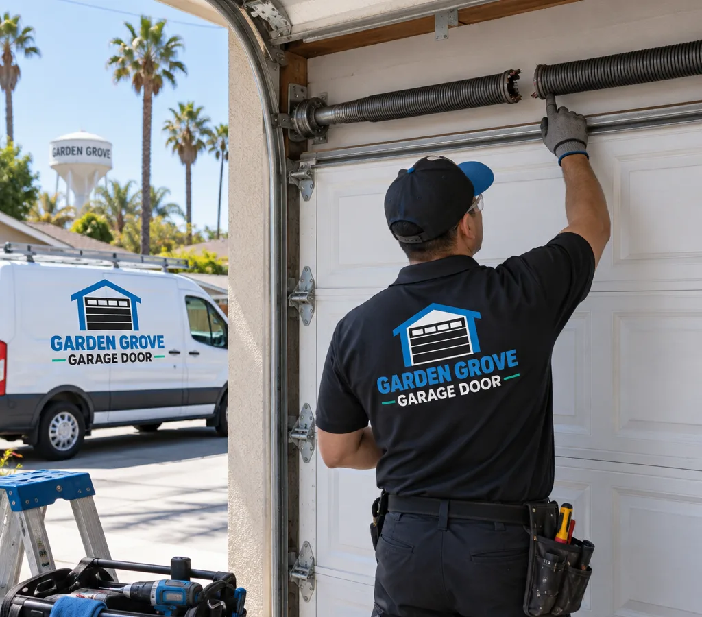 Residential sectional garage door with a separated torsion spring above the door on the center shaft