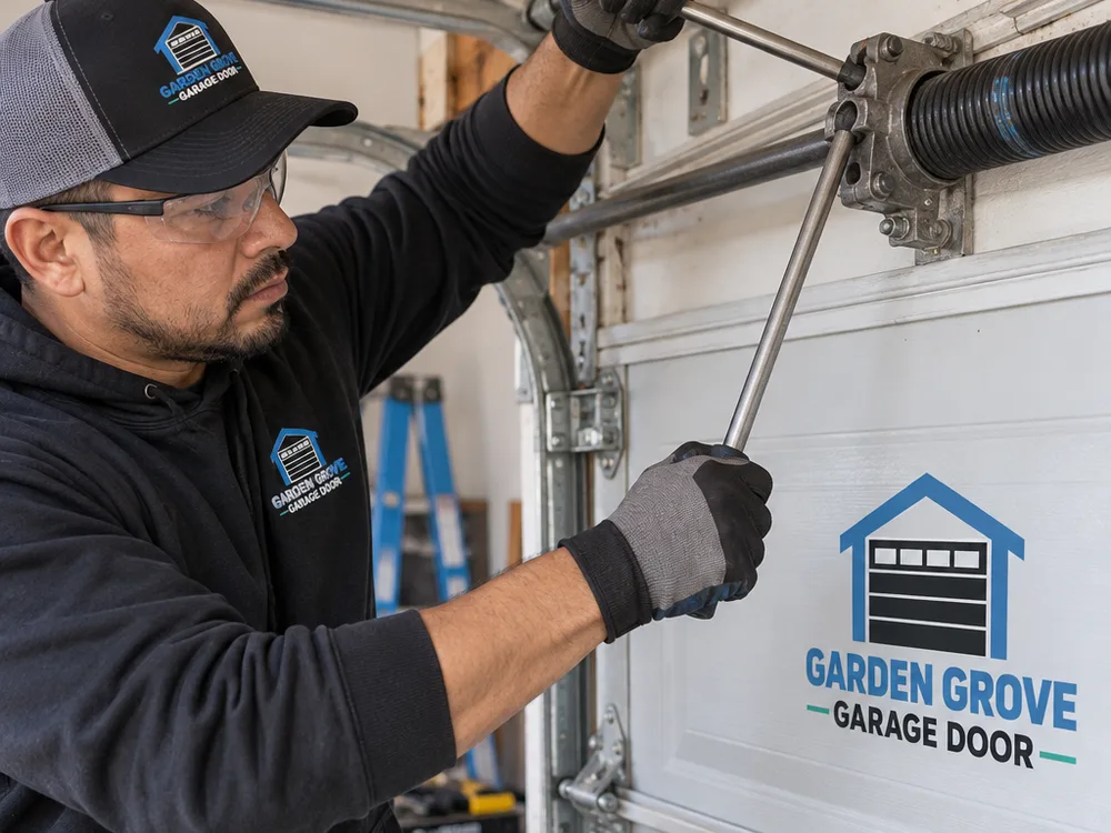 Contractor using winding bars to unload tension on a residential torsion spring system