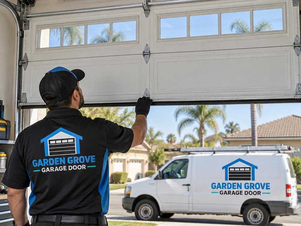 Residential garage door halfway open and level with the torsion spring system visible above