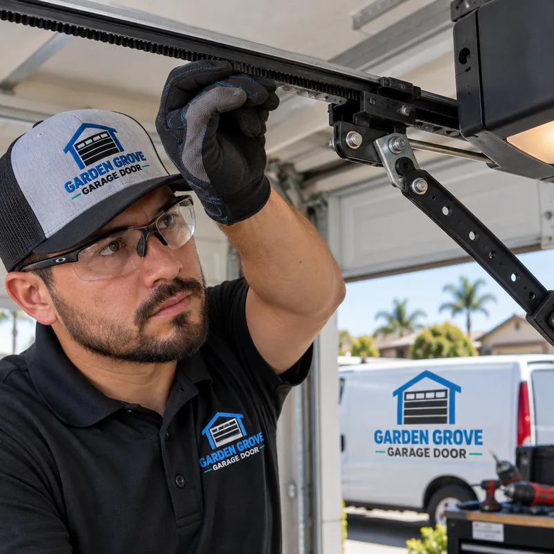 Contractor checking belt tension and trolley engagement on a belt-drive garage door opener rail