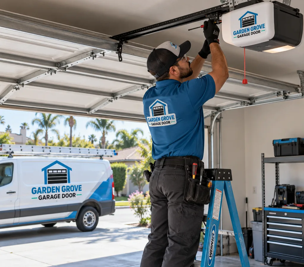 Contractor inspecting an automatic garage door opener rail and motor unit from a ladder in a residential garage