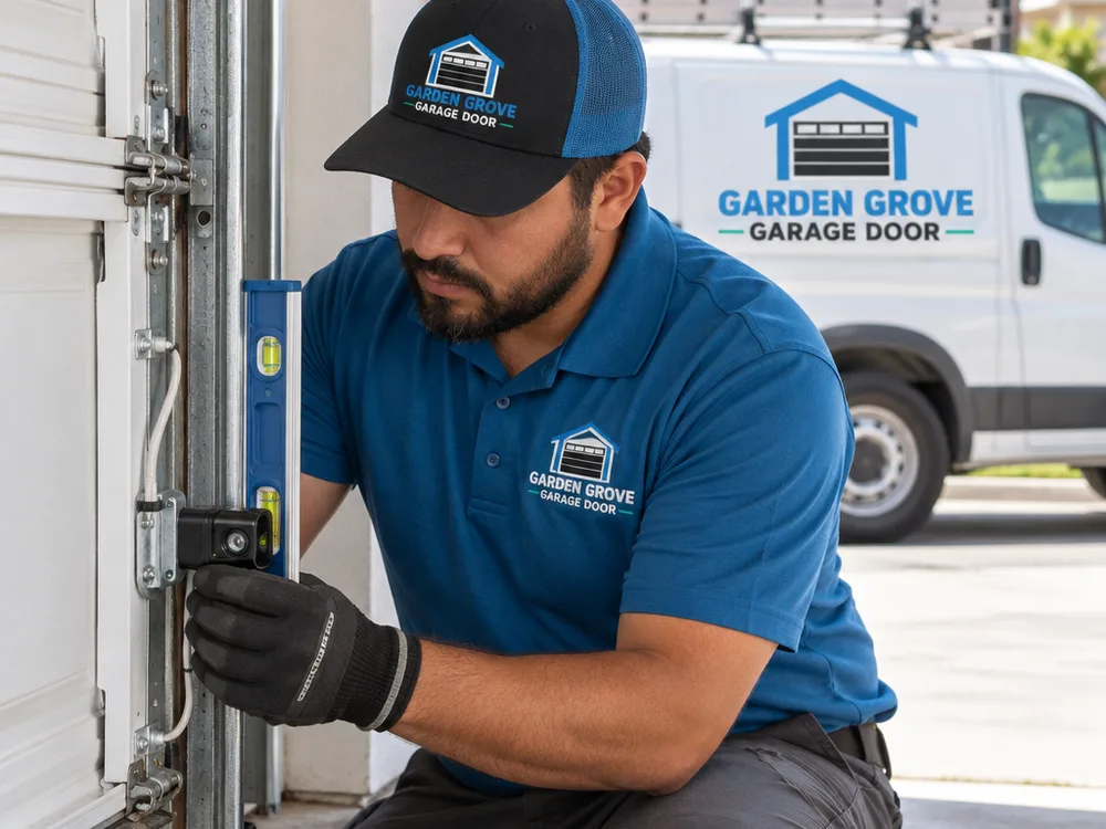 Contractor using a level while adjusting garage door safety photo-eye sensors and their mounting brackets