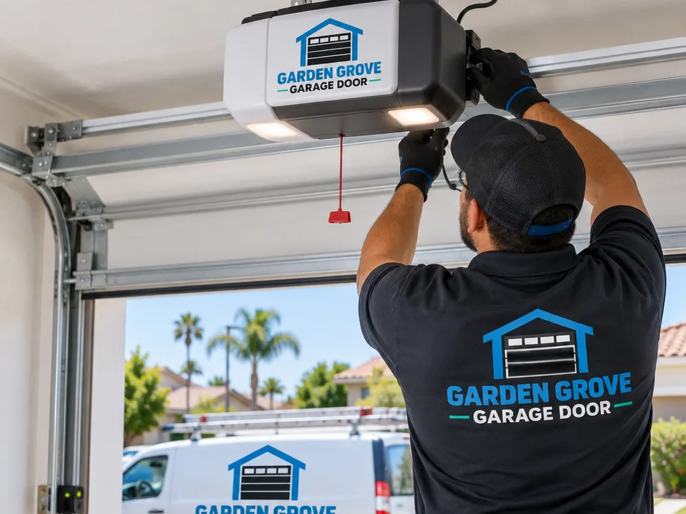 Modern smart garage door opener with reinforced mounting, tidy wiring, and aligned track safety sensors