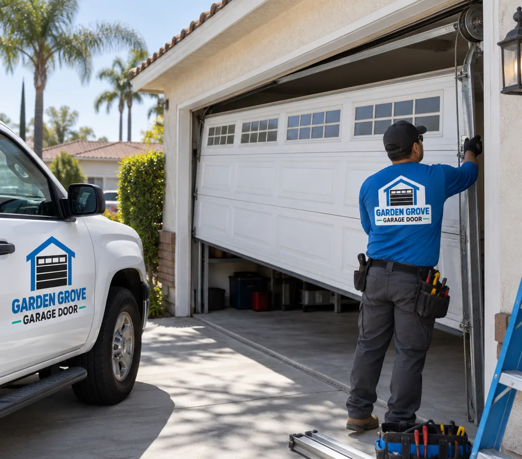 Residential sectional garage door off its track with one side lower and slack cables near the drum