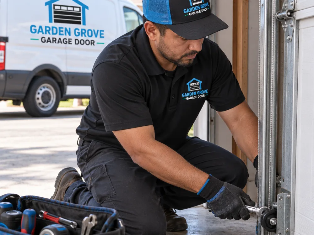 Contractor inspecting garage door rollers and cable position at the bottom bracket