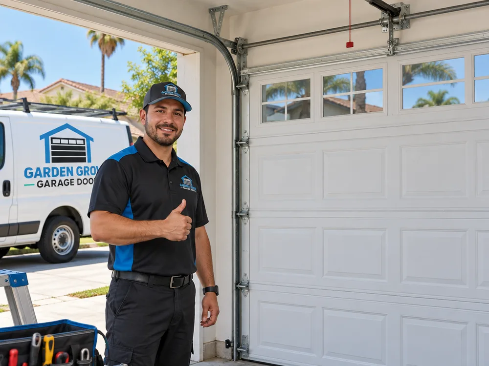 Residential garage door traveling level on aligned tracks after repair