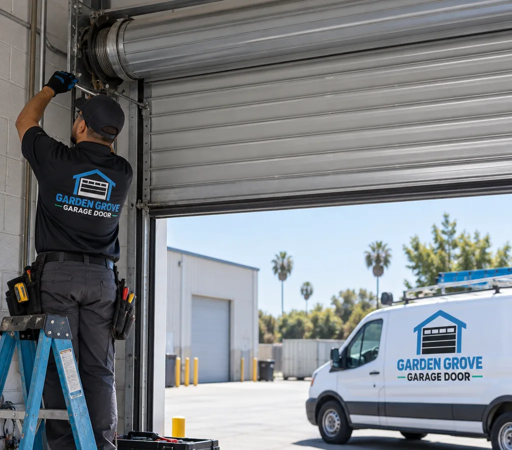 Commercial roll-up steel door partially open inside a warehouse bay with the drum, curtain, and guides visible
