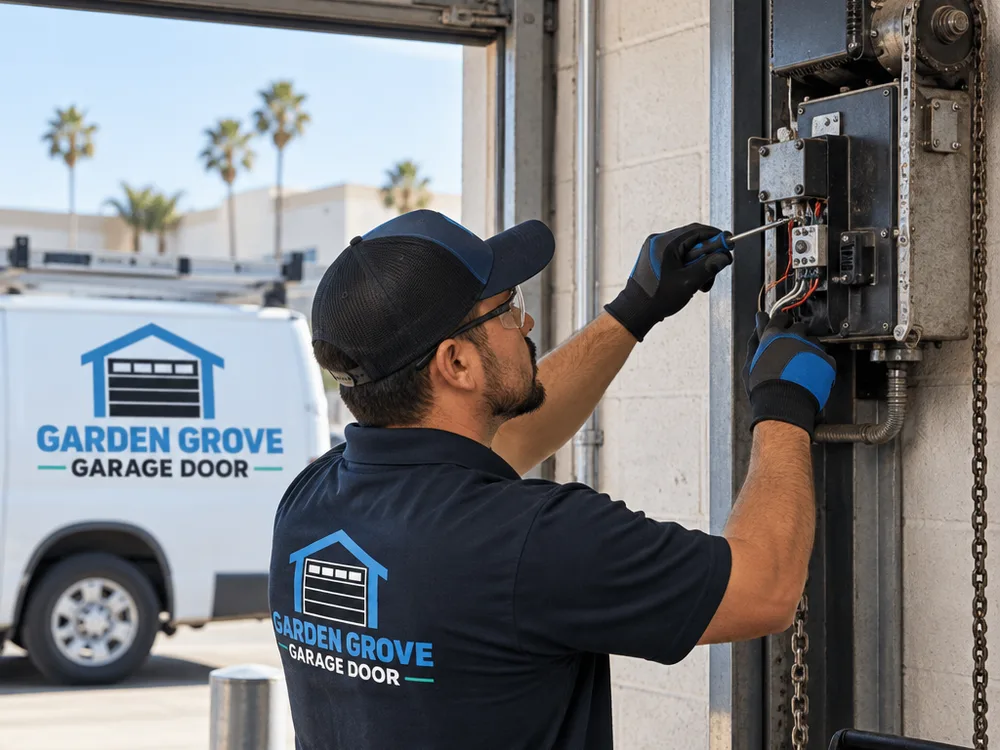 Contractor inspecting a commercial roll-up door operator and limit switch assembly with tools in hand