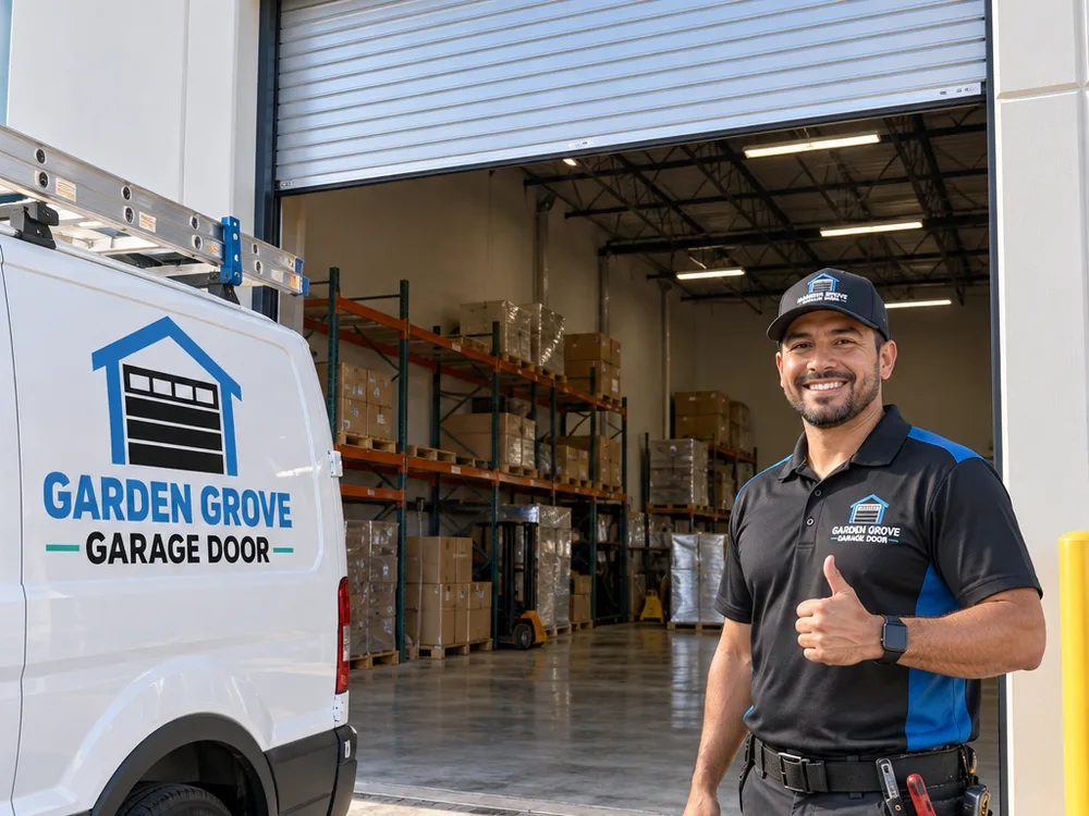 Commercial warehouse opening with a roll-up door fully open and the bottom bar evenly aligned