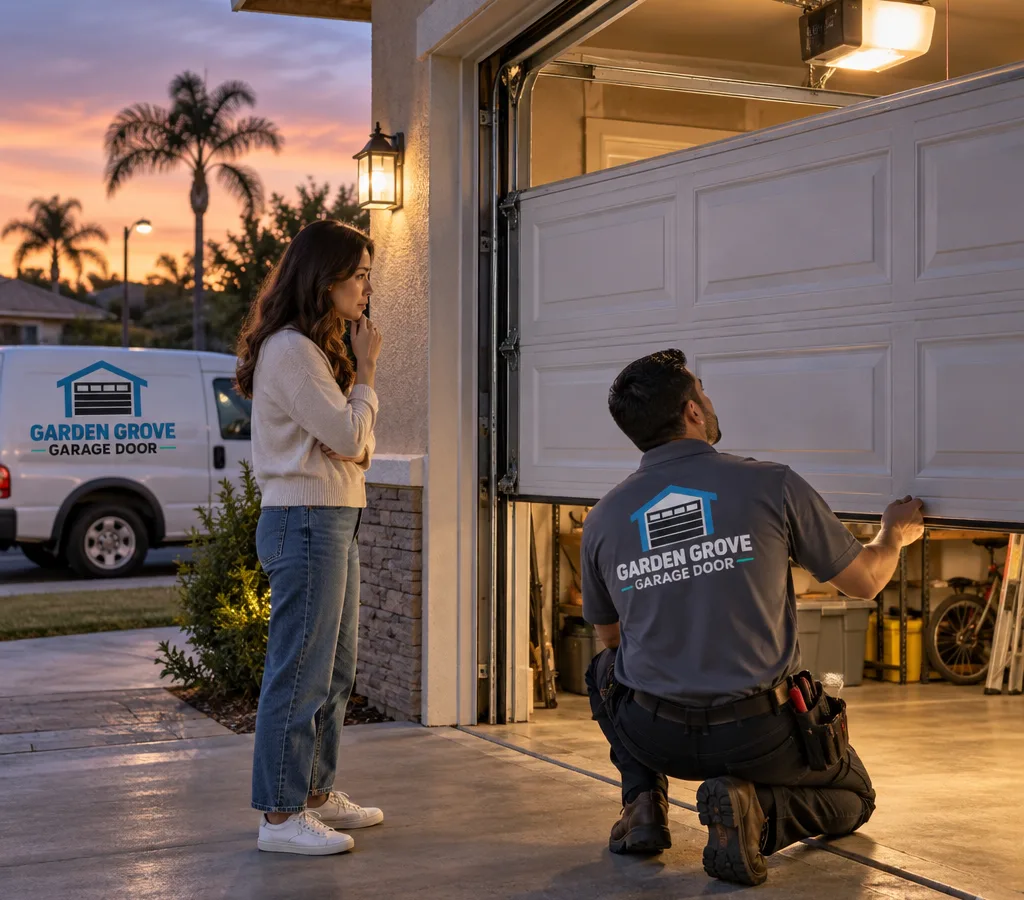 Residential garage door partially open at dusk with the opener light on