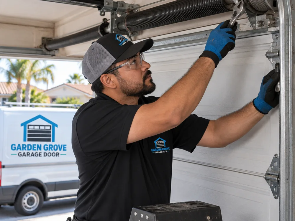 Contractor inspecting torsion spring and cable drums above a closed garage door