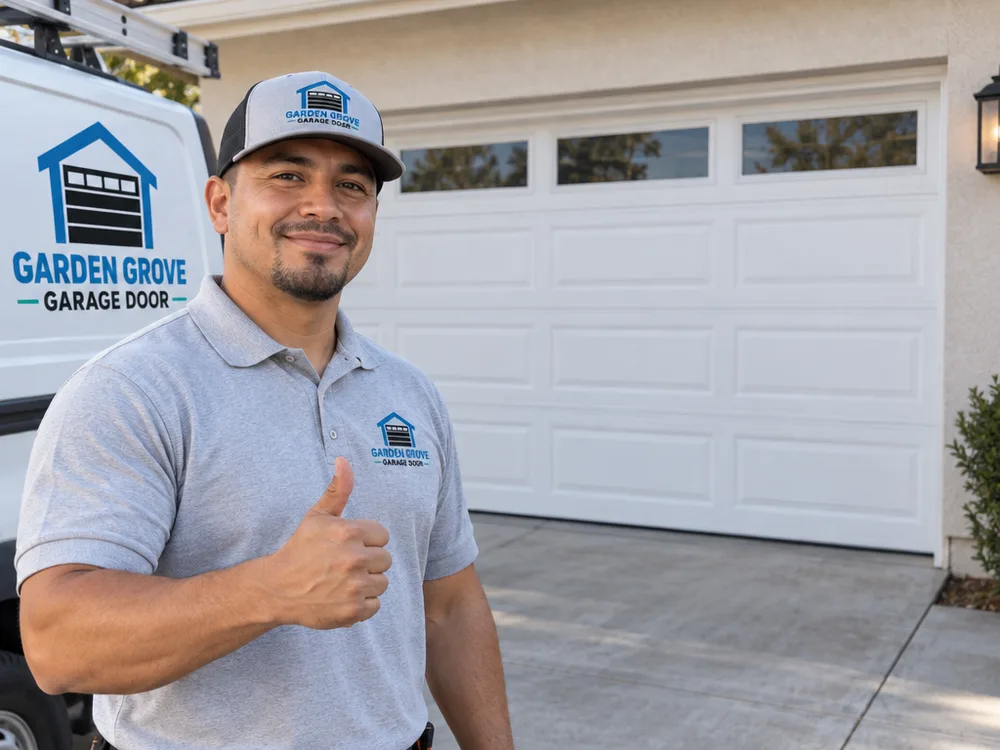 Residential sectional garage door closed evenly with aligned panels after repair