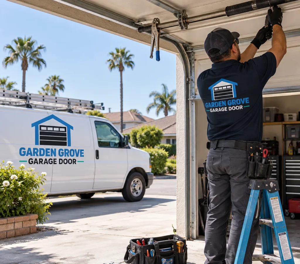 Contractor safely working near the torsion spring shaft of a secured sectional garage door in a Southern California driveway