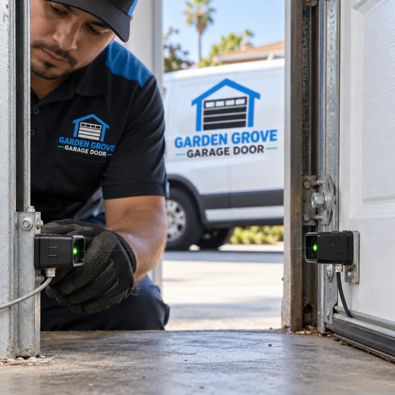 Garage door photo-eye sensors aligned near the floor on both sides of the door