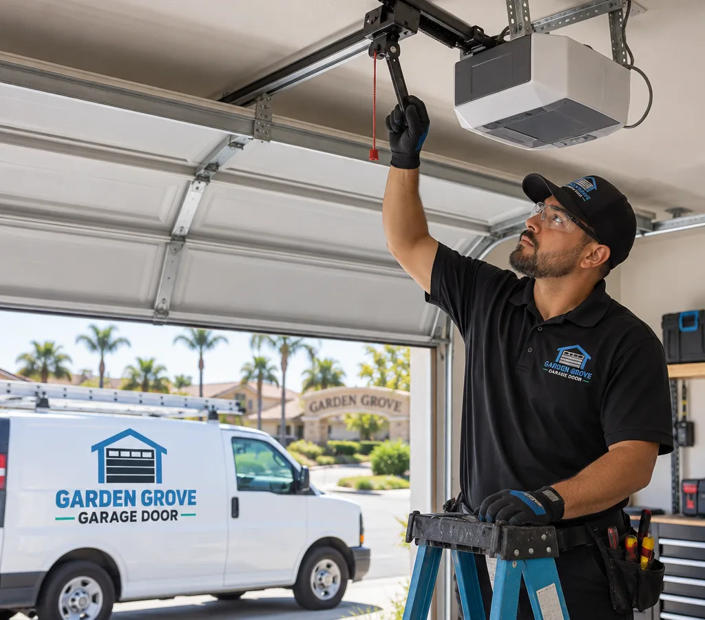 Residential garage door partially open while a contractor inspects the ceiling opener rail and trolley connection