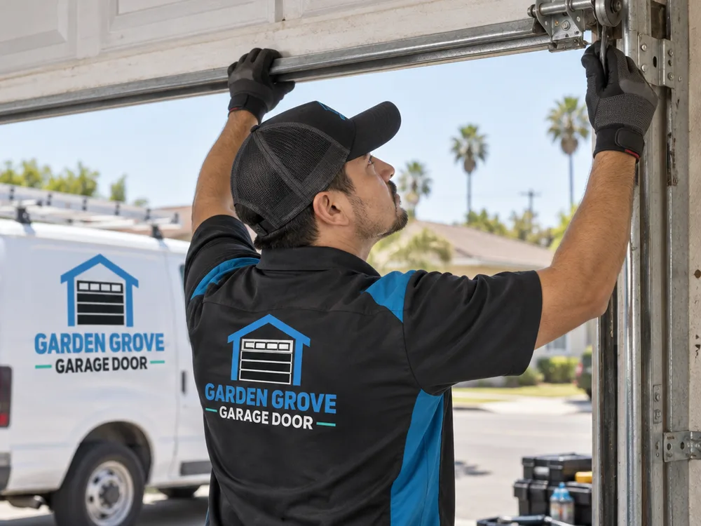 Contractor checking garage door balance by lifting the disconnected door by hand and inspecting rollers