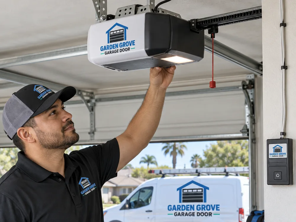 Modern ceiling-mounted garage door opener with supported mounting, routed sensor wires, and wall control