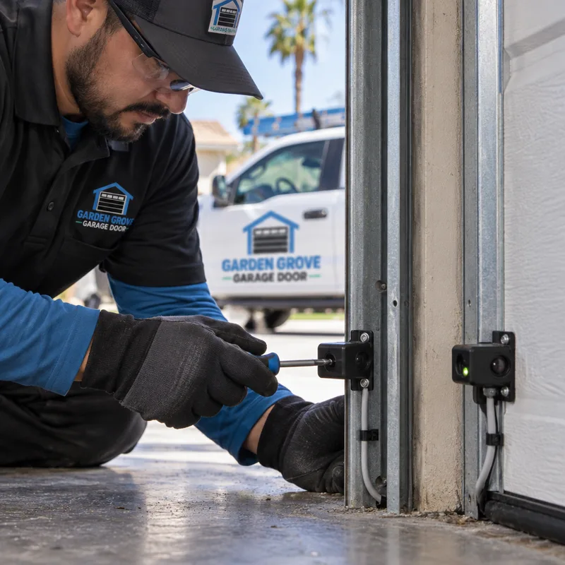 Photo-eye safety sensors aligned near the bottom of the garage door tracks with clean wiring and brackets