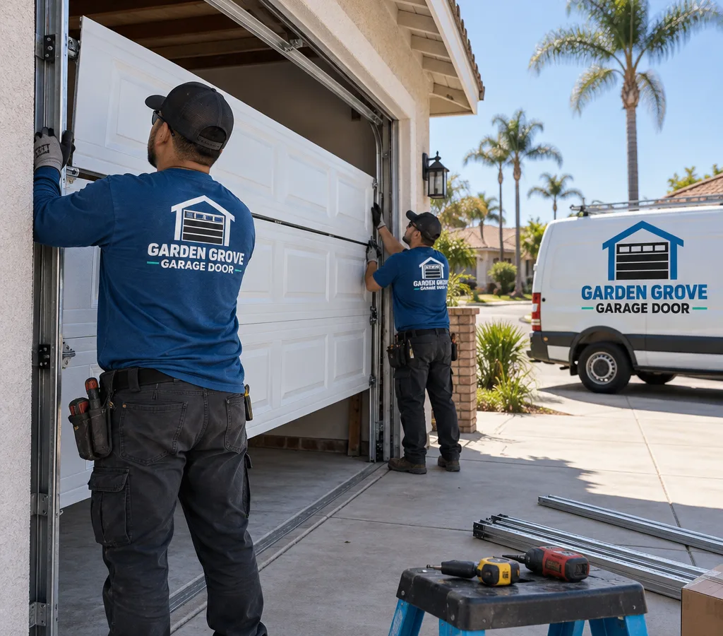 Residential sectional garage door being positioned while a contractor aligns the panels and vertical tracks
