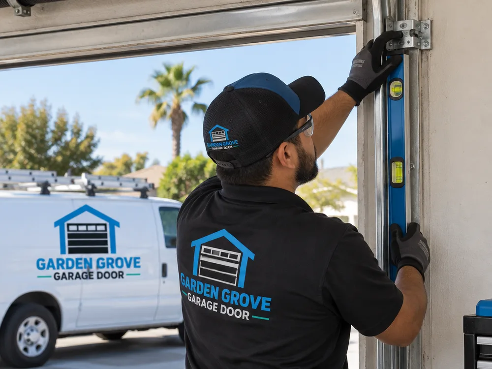 Contractor using a level to set a garage door vertical track and flag bracket below the torsion shaft