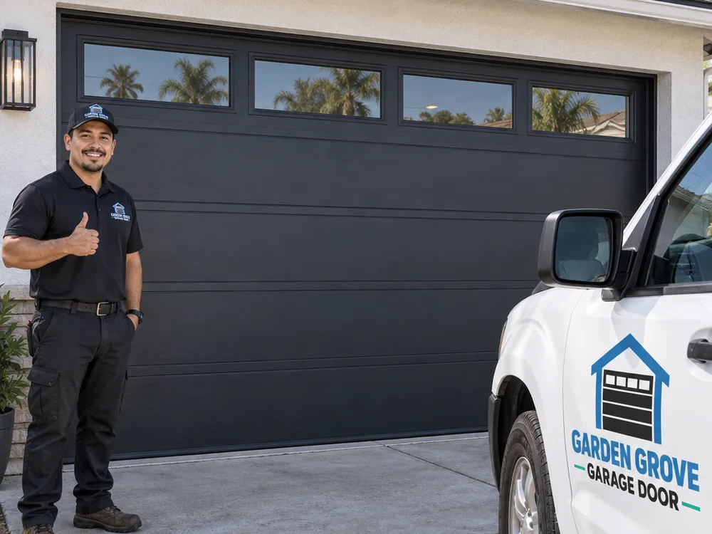 Finished insulated steel sectional garage door with an even reveal and spacing along the jambs