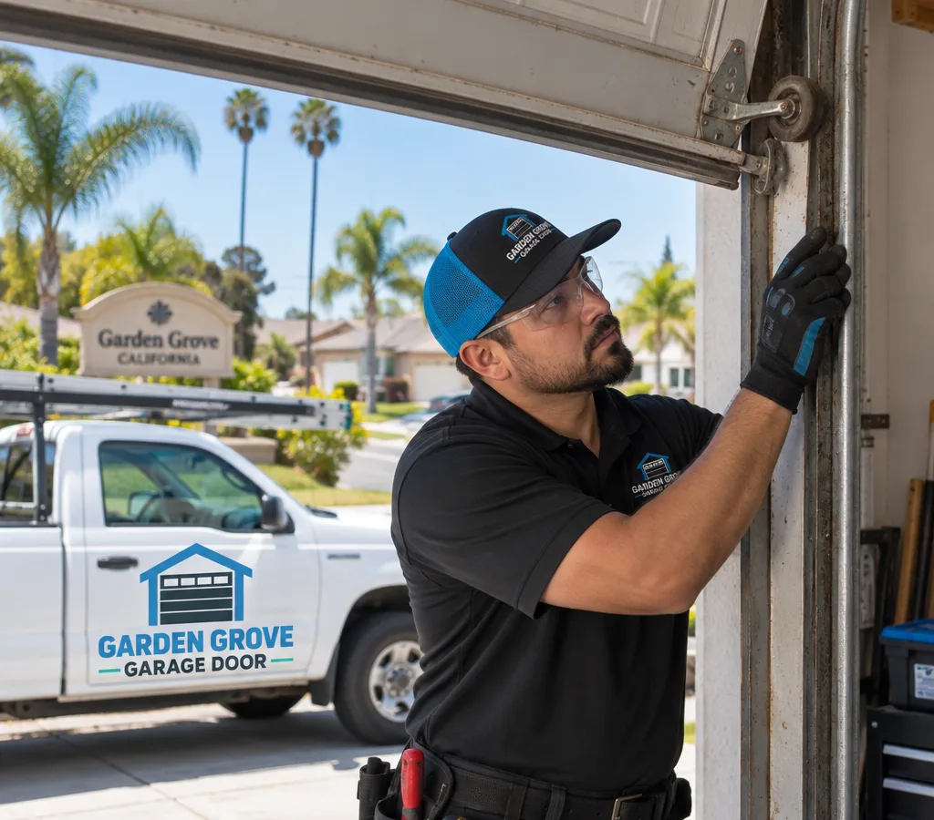 Residential garage door partially open with a roller coming out of the track while a contractor examines the track and hinge area