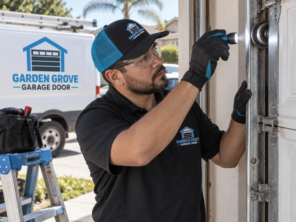 Contractor using a flashlight to inspect garage door rollers and the vertical track near the jamb with a ladder safely positioned nearby