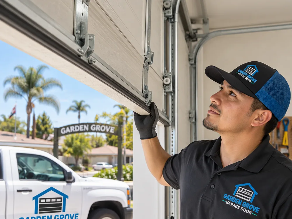Garage door traveling smoothly in the track with evenly spaced rollers and tight hinge hardware after service