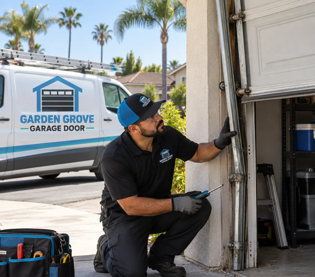 Residential garage door with a misaligned vertical track being inspected by a contractor