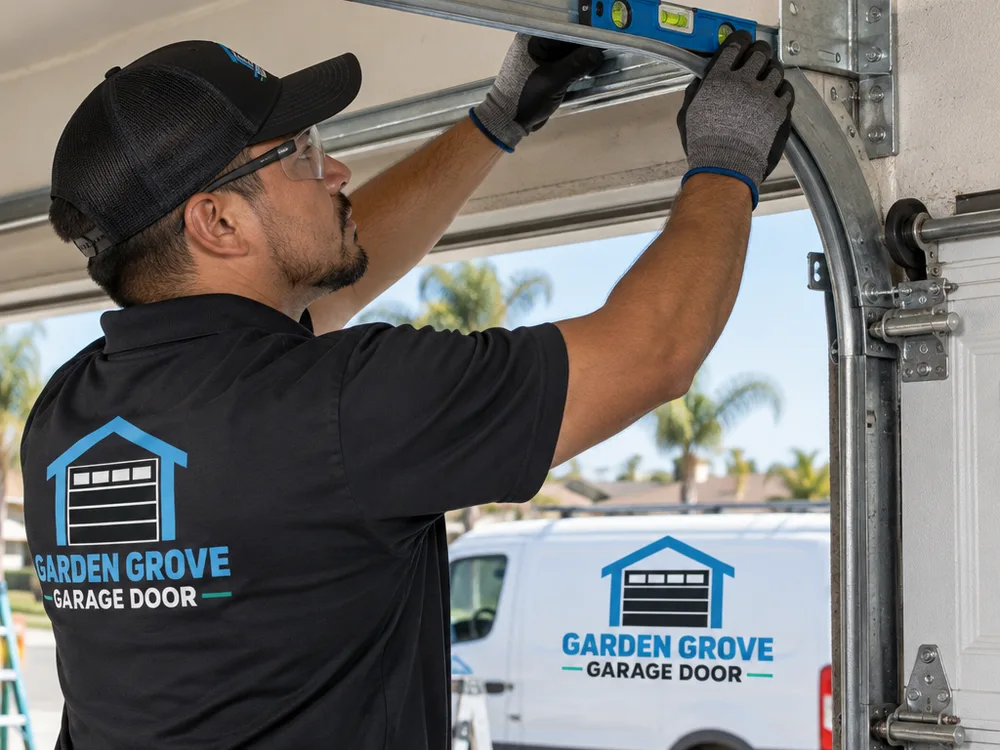 Contractor using a level to inspect a garage door flag bracket and horizontal track connection