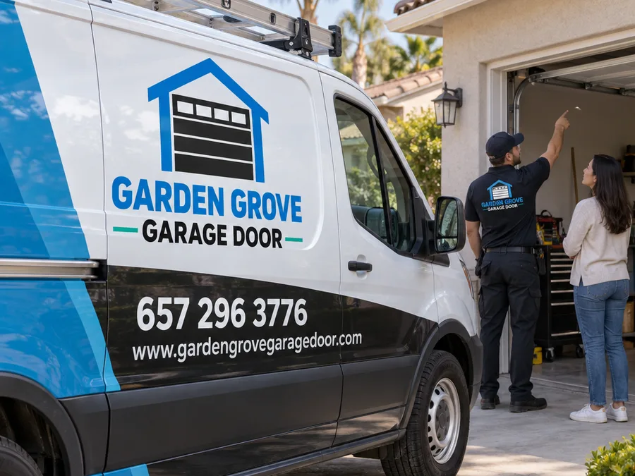 Contractor speaking with a homeowner while pointing to the garage door track area